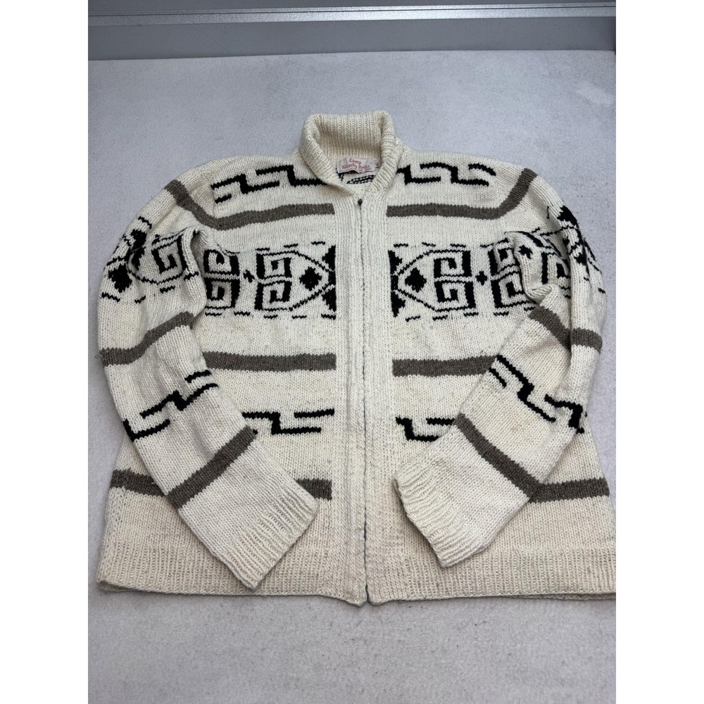 Camp Kitschy Knits Sweater Cardigan Mens XL White Wool Mock Neck Zip Ranch